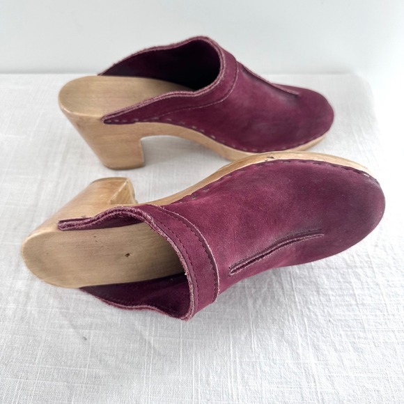 No.6 Old School Clog Burgundy Nubuck Leather Wood Heel Mule Shoes EU 40 - Picture 11 of 13